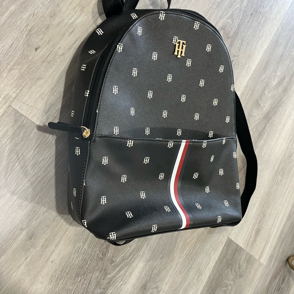 Tommy Hilfiger Black Backpack with Red and White Stripe